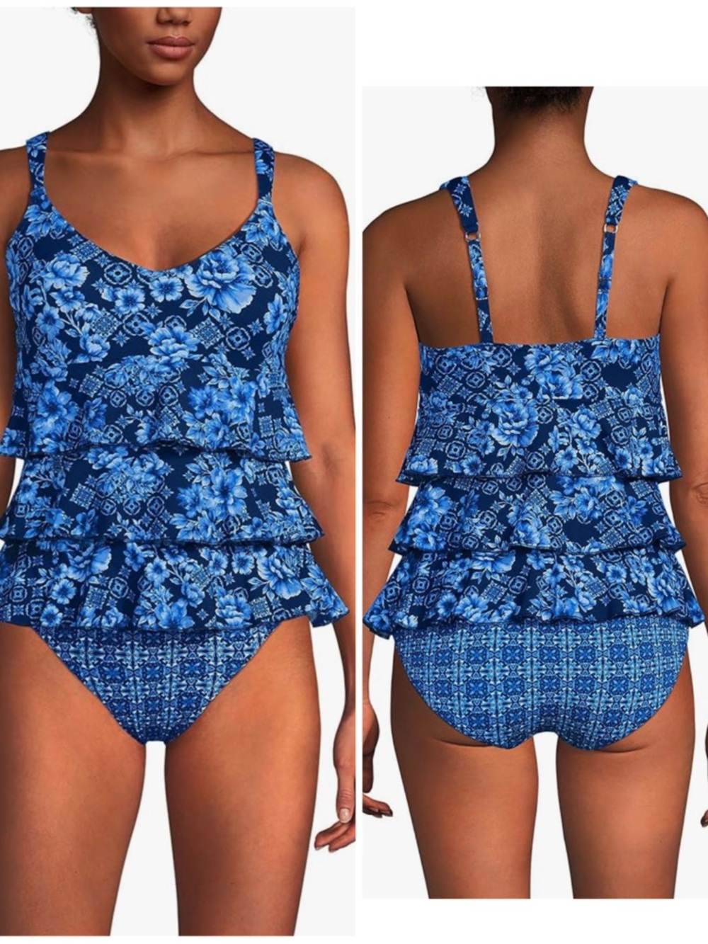 NWT Lands End Smoothing Control Ruffle Fauxkini One Piece Swimsuit Blue 10 Long